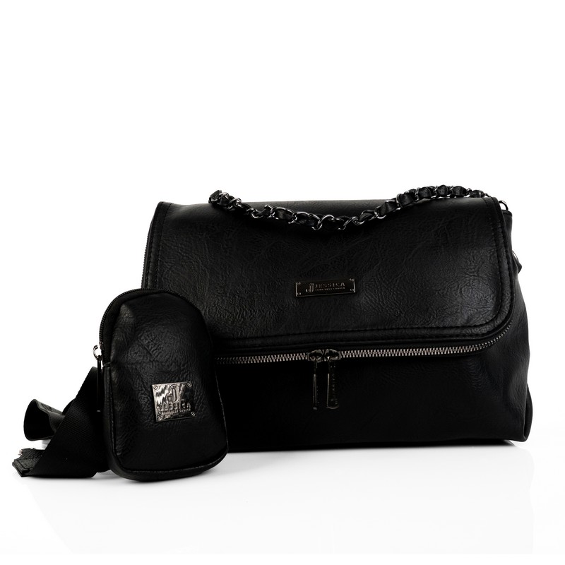 شنطة كروس جلد إيطالي مستورد أسود بدرعين (ستان + سلسلة) مع بوك صغير مقاس 30×20